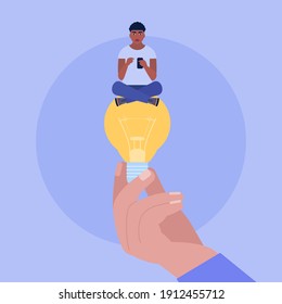 Hand holding a big light bulb with a young man. Idea brainstorming concept. Vector illustration in a flat style.