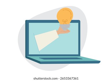 Hand holding a big light bulb on a laptop screen. Creating successful ideas or creativity, Imaginative thinking and inspiring ideas, Motivation for business innovation