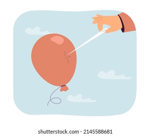 Hand holding big long needle to red balloon. Balloon before popping flat vector illustration. Problem, failure, risk concept for banner, website design or landing web page