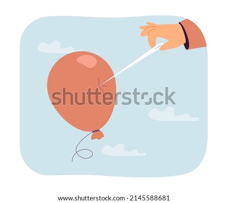 Hand holding big long needle to red balloon. Balloon before popping flat vector illustration. Problem, failure, risk concept for banner, website design or landing web page