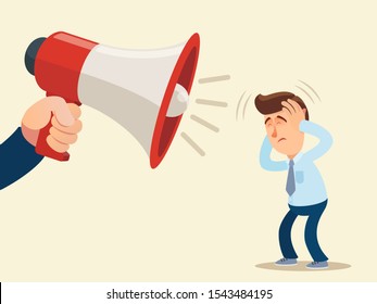 Hand holding big megaphone, propaganda and disinformation, fake news concept. Irritated person cover ears with hands. Vector illustration, flat design cartoon style. Isolated background.