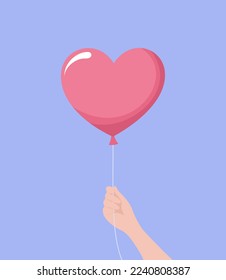 Hand holding big pink heart balloon on a purple background. Flat vector illustration