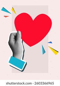 Hand holding big red heart symbol. Modern collage style. Vector illustration