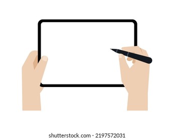 Hand Holding A Big Screen Tablet While Use Stylus Pencil, Vector.