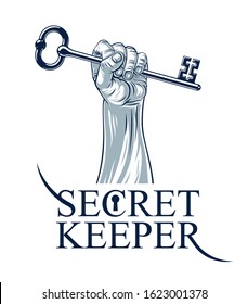 Hand up holding big vintage turnkey, vector logo or sign symbolized kept secret, personal data protection, antivirus internet security.