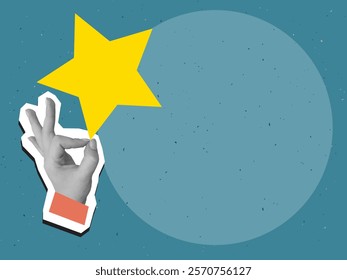 Hand holding a big yellow star, composition with a place for text. Modern photo collage style. Vector illustration