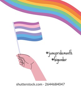 A hand holding bigender pride flag. LGBT pride month square banner. Vector illustration for an annual celebration of gender diversity