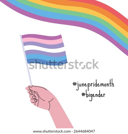 A hand holding bigender pride flag. LGBT pride month square banner. Vector illustration for an annual celebration of gender diversity