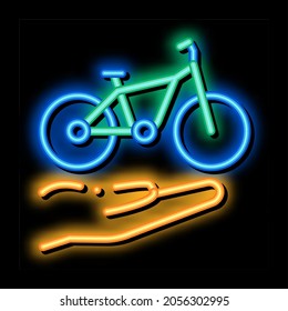 hand holding bike neon light sign vector. Glowing bright icon hand holding bike sign. transparent symbol illustration