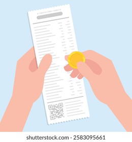 Hand holding bill paper while another hand holding gold coin.