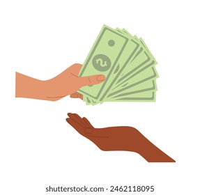 Hand holding bills, giving money to other hand. Payment, banking, finance, shopping concept. Vector colorful flat illustration isolated on white background.