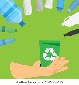 Hand holding a bin with recycle symbol on it and containers made from various materials