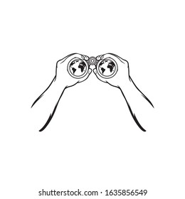hand holding binoculars looking at the earth, hands holding binoculars with a map of the world on the lens