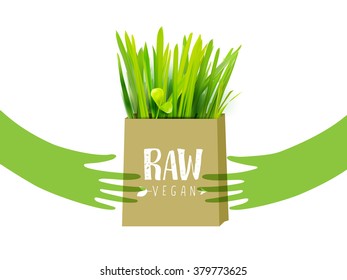 Hand holding Bio bag with green grass. Raw food bag concept.  Sprouts and green food diet for rawfoodists. Healthy lifestyle illustration.