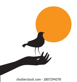 Hand holding bird on sunset, vector. Hand illustration and bird silhouette isolated on white background. Artwork, wall art design, wall decals. Minimalist art design. Poster design, freedom concept