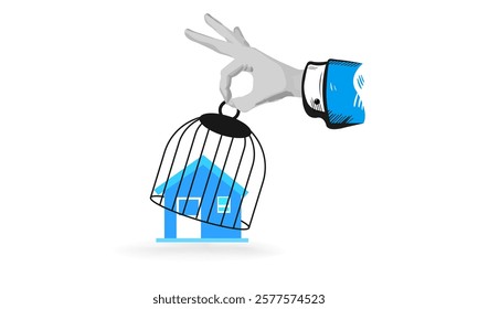 Hand Holding Birdcage Trapping Blue House Symbolic Imprisonment