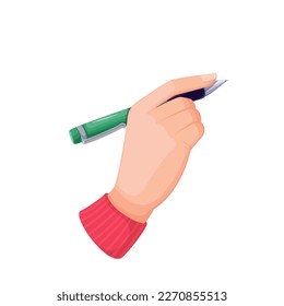 Hand holding biro pen vector illustration. Cartoon isolated human arm of author or student writing with plastic ballpoint pen with metal tip, person using office and school stationery to sign document