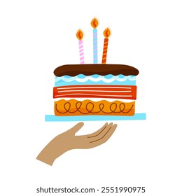 Mano que sostiene la torta de cumpleaños con velas. Para tarjeta de cumpleaños, invitación de fiesta, Anuncios festivos o diseños digitales que celebran cumpleaños y ocasiones especiales. Ilustración vectorial