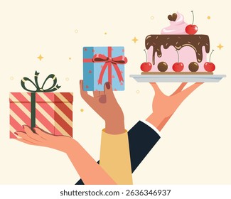 hand holding birthday cake and gift box. Happy people celebrating birthday party concept.
