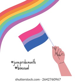 A hand holding bisexual pride flag. LGBT pride month square banner. Vector illustration for an annual celebration of gender diversity