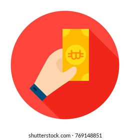 Hand Holding Bitcoin Circle Icon. Vector Illustration Flat Style with Long Shadow.