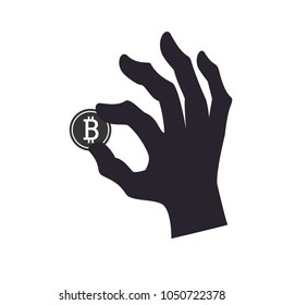 Hand holding bitcoin coin. Black-white vector illustration