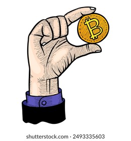 Hand holding bitcoin coin. Hand drawn vector illustration.