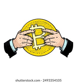 hand holding bitcoin coin hand drawn halftone color vector illustration