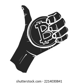 Hand holding bitcoin coin and gesturing thumb up vector illustration