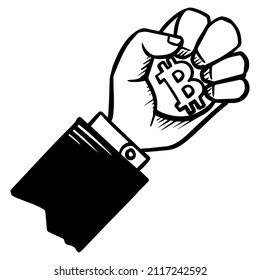 Icono de moneda de bitcoin de mano con ilustración vectorial en blanco y negro. 