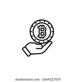 Mão segurando uma Bitcoin, representando receber, dar ou segurar criptomoeda. Conceito de moeda digital.