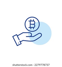 Hand holding bitcoin coin symbol. Pixel perfect, editable stroke line icon