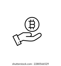 Hand holding bitcoin coin symbol. Pixel perfect, editable stroke icon