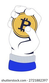 Mão segurando bitcoin vetor ilustração. Dedos segurando a moeda digital BTC. Controlo dos investimentos. Criptomoeda poder 2D imagem de desenho animado isolado no branco. Clipart plano editável colorido