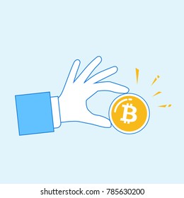 moneda de 2 céntimos con bitcoin en mano. Imagen vectorial aislada en el fondo.