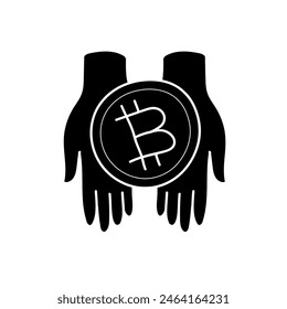 Hand holding bitcoin cryptocurrency icon coin holder black hand drawn icon