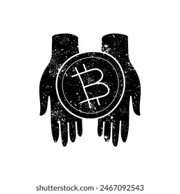 Hand holding bitcoin cryptocurrency icon coin holder black hand drawn icon in grunge look