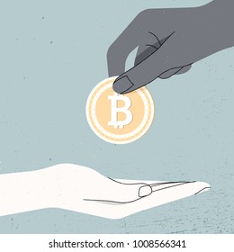 Hand holding Bitcoin  and give it another hand, money laundering