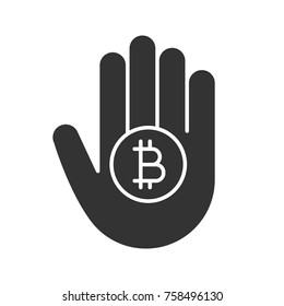 Hand holding bitcoin glyph icon. Silhouette symbol. Cryptocurrency. Negative space. Vector isolated illustration