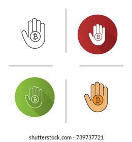 Hand holding bitcoin icon. Flat design, linear and color styles. Cryptocurrency. Isolated vector illustrations