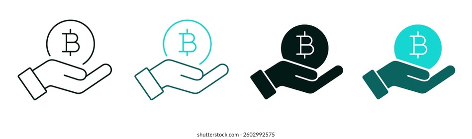 Hand holding Bitcoin icon set. Donate, buy or sell crypto concept. Line or solid logo for web or app. Cryptocurrency coin payment. Hand giving or receiving digital money.  Editable vector stroke.