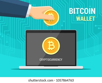 Hand holding bitcoin and laptop vector flat illustration. Replenishment of electronic wallet by bitcoins cryptocurrency
