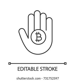 Hand holding bitcoin linear icon. Cryptocurrency. Thin line illustration. Contour symbol. Vector isolated outline drawing. Editable stroke