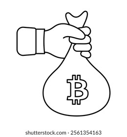 Hand Holding a Bitcoin Money Bag. The bag features the Bitcoin symbol (₿) prominently on its surface, symbolizing cryptocurrency or digital wealth.