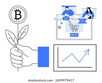 Hand holding Bitcoin plant, computer screen showing online shopping with cashback, and a rising line chart. Ideal for finance, cryptocurrency, e-commerce, investment, growth, online spending