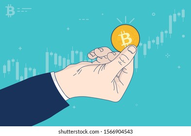 Hand holding Bitcoin as price and value rises in a bullish chart in background. Crypto market, investor and trader concept.