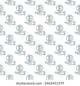 Hand holding Bitcoin vector Cryptocurrency concept seamless pattern in outline style