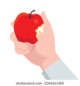 Hand holding bitten apple. Flat vector illustration isolated on white background