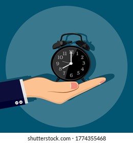 Hand holding black alarm clock showing on blue background. deadline symbol. Vector illustration