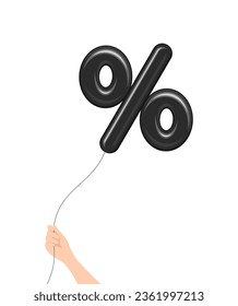 Hand, die einen schwarzen Ballon in Form eines Prozentzeichens hält, einzeln auf weißem Hintergrund. Flache Vektorgrafik